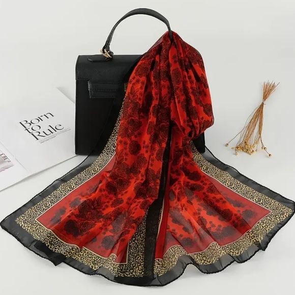 2 FOR $40 NEW Western Elegant Red Floral And Leopard Print Scarf-(#1,408) - Picture 1 of 7